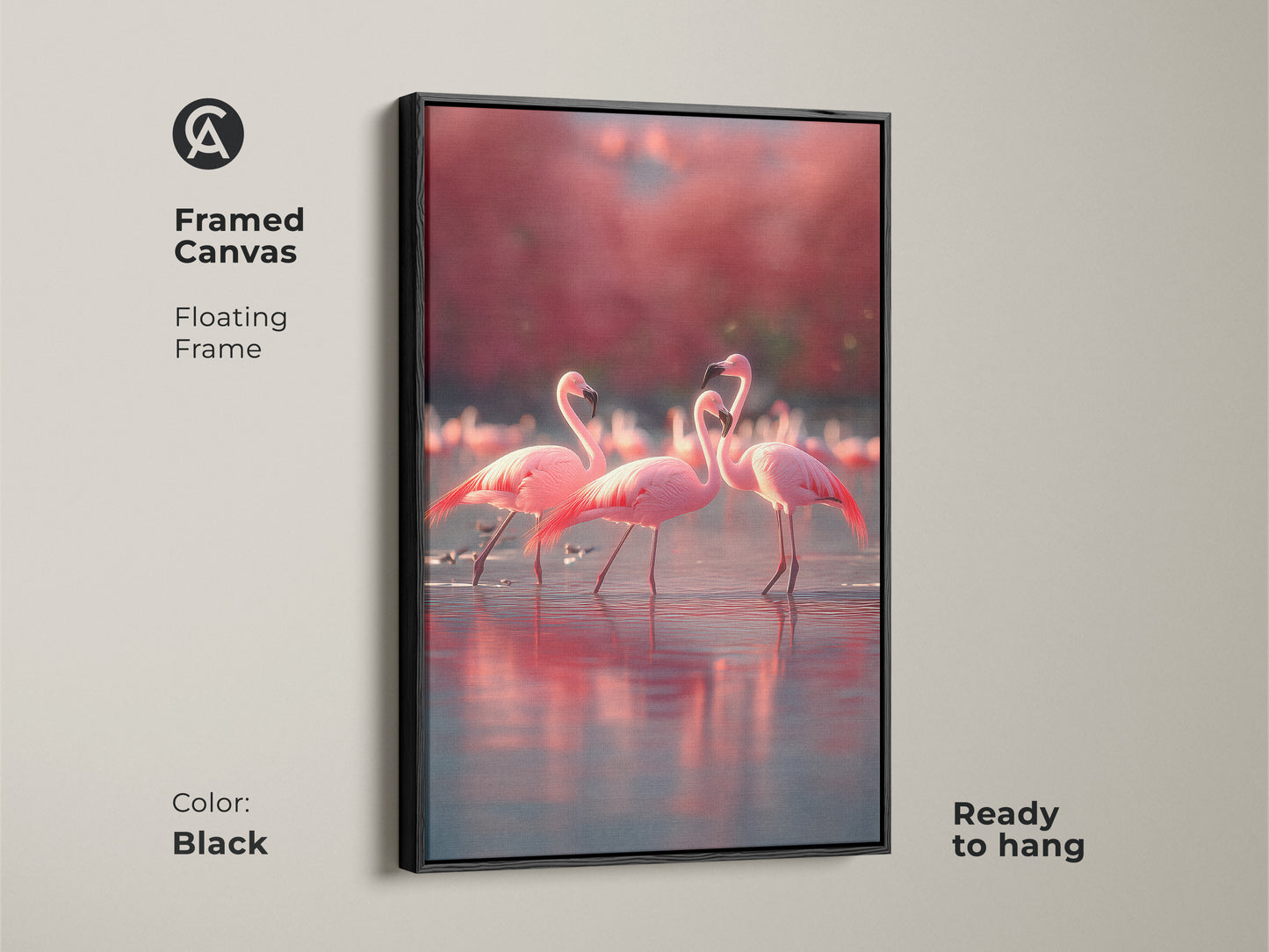 Framed canvas flamingo artwork in a black floating frame ready to hang. The tropical bird wall decor complements any room. Coastal beach house art with rose coral accents. A wildlife animal gift for nature enthusiasts. This pink flamingo canvas art adds a touch of elegance. Perfect for home or office decor.