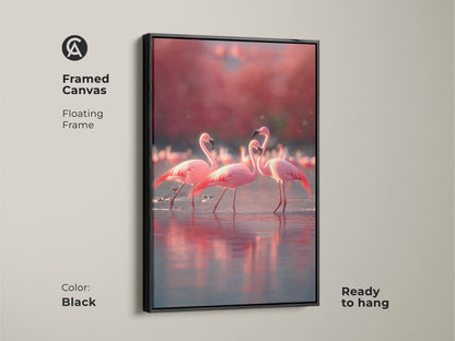 Framed canvas flamingo artwork in a black floating frame ready to hang. The tropical bird wall decor complements any room. Coastal beach house art with rose coral accents. A wildlife animal gift for nature enthusiasts. This pink flamingo canvas art adds a touch of elegance. Perfect for home or office decor.