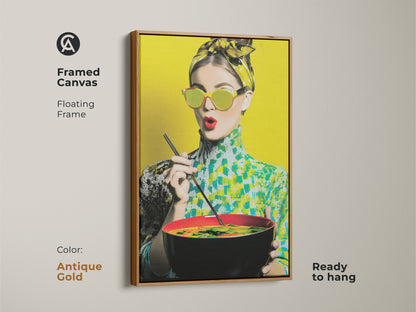 Antique gold framed canvas showcases a pop art woman with noodles. This unique wall art is ready to hang. The eclectic artwork features retro sunglasses and vibrant colors. A great statement piece for kitchen or dining decor.