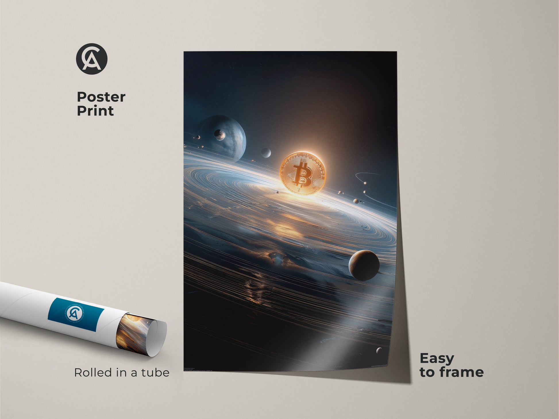 Bitcoin poster print. This museum-quality paper poster is easy to frame. The art shows a Bitcoin in a space setting. Planets surround the digital coin. Purchase this Bitcoin crypto poster now.