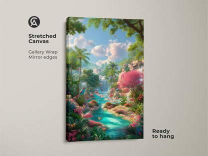 Stretched canvas art featuring a flamingo paradise scene. The gallery wrap with mirror edges offers a modern touch. Ready to hang this artwork adds a vibrant and calming vibe to any interior space.