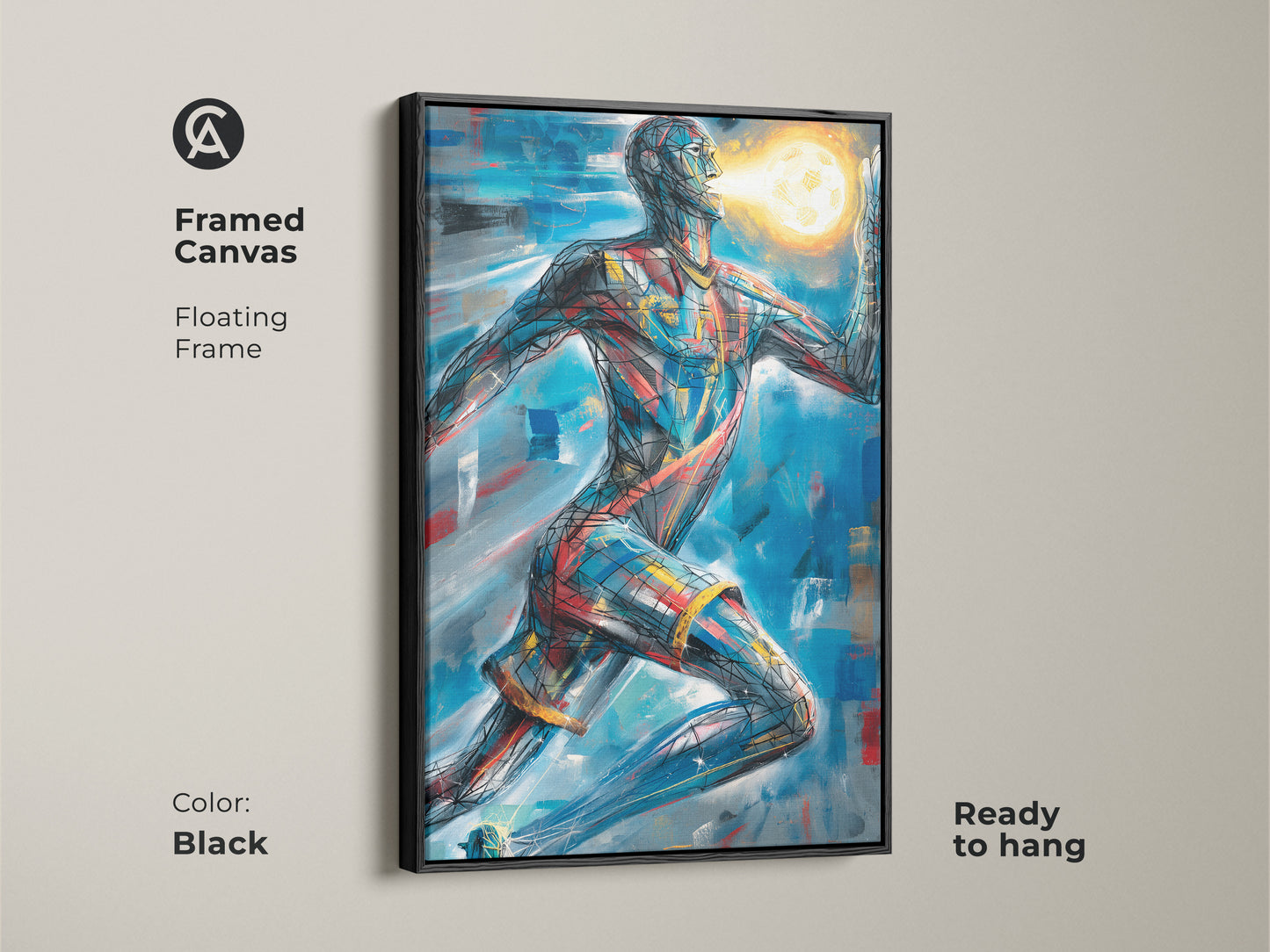A framed canvas featuring abstract runner art. The black floating frame enhances the blue red gold artwork. Its ready to hang. This abstract expressionism art makes a statement. Perfect for modern office decor.