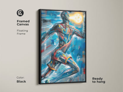 A framed canvas featuring abstract runner art. The black floating frame enhances the blue red gold artwork. Its ready to hang. This abstract expressionism art makes a statement. Perfect for modern office decor.