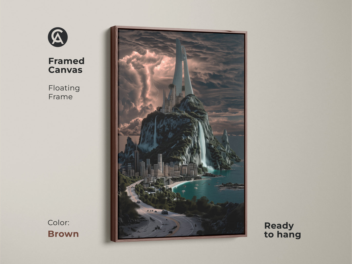 Framed canvas floating frame in brown. The artwork is ready to hang. This modern art features a futuristic city on a tropical island with waterfalls. Perfect wall decor.