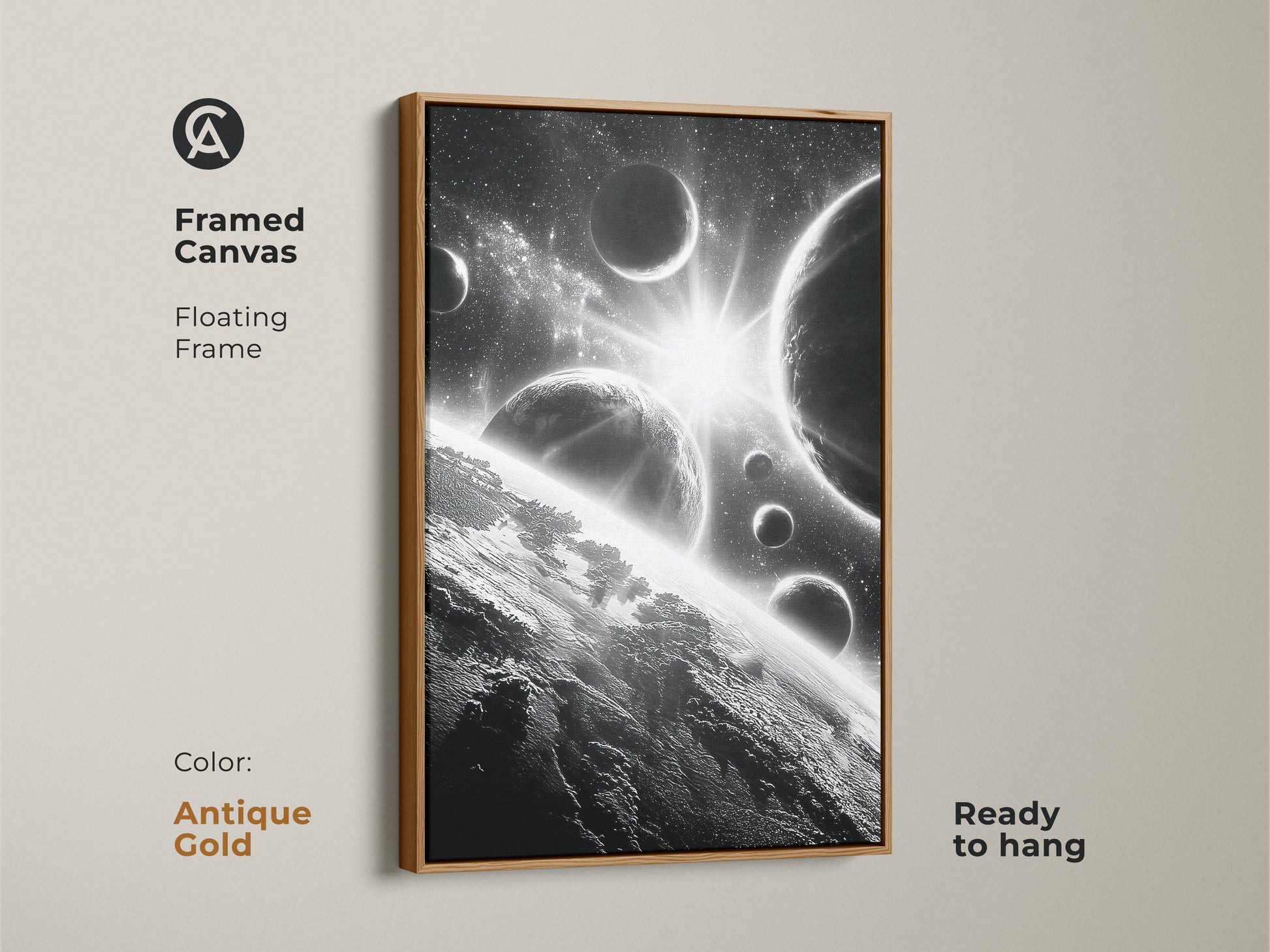 Framed canvas of space art. This antique gold framed artwork features planets and stars. Ready to hang and adds a touch of vintage charm to any room. The gold frame complements the monochrome image. A perfect gift for art lovers.