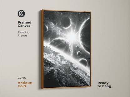 Framed canvas of space art. This antique gold framed artwork features planets and stars. Ready to hang and adds a touch of vintage charm to any room. The gold frame complements the monochrome image. A perfect gift for art lovers.
