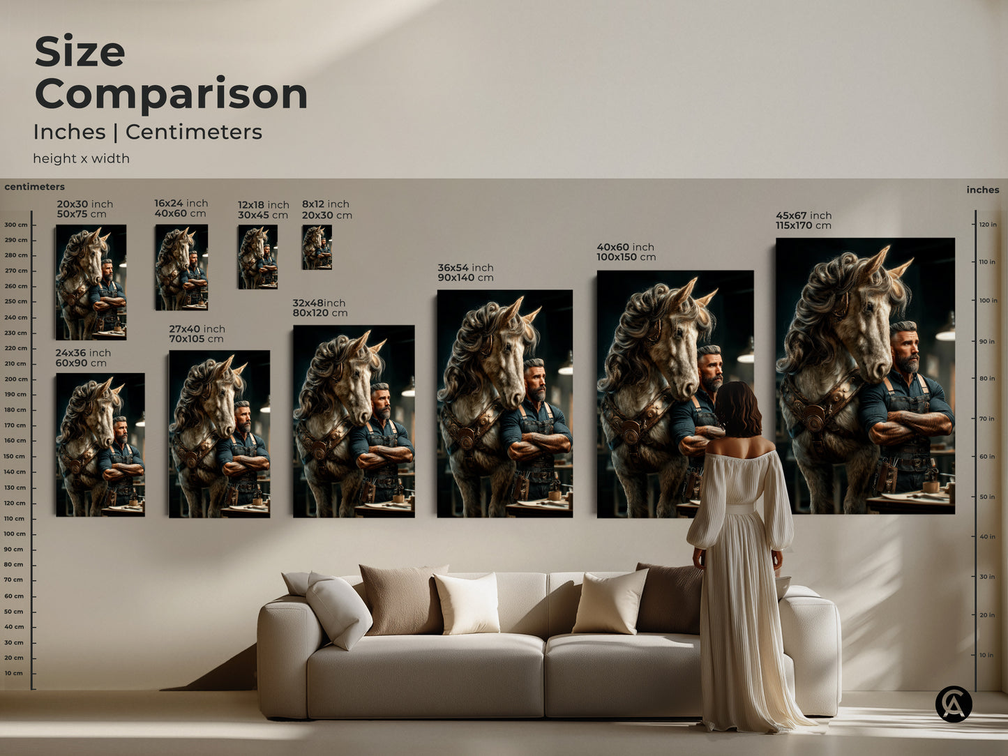 Size comparison of steampunk horse and man art prints in inches and centimeters. See how the 20x30 to 45x67 inch canvas fits above a couch. This fantasy artwork enhances interior spaces. A perfect gift for horse lovers and an artistic man portrait.