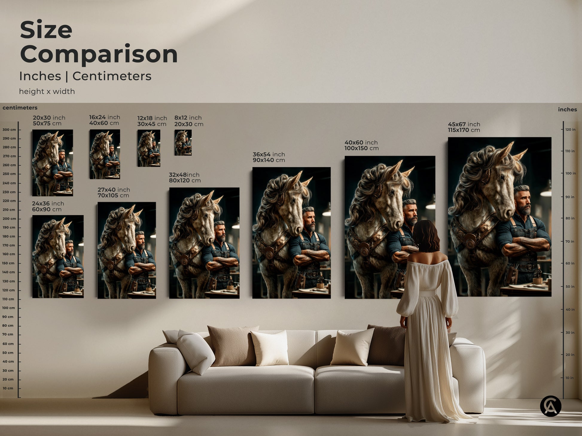 Size comparison of steampunk horse and man art prints in inches and centimeters. See how the 20x30 to 45x67 inch canvas fits above a couch. This fantasy artwork enhances interior spaces. A perfect gift for horse lovers and an artistic man portrait.