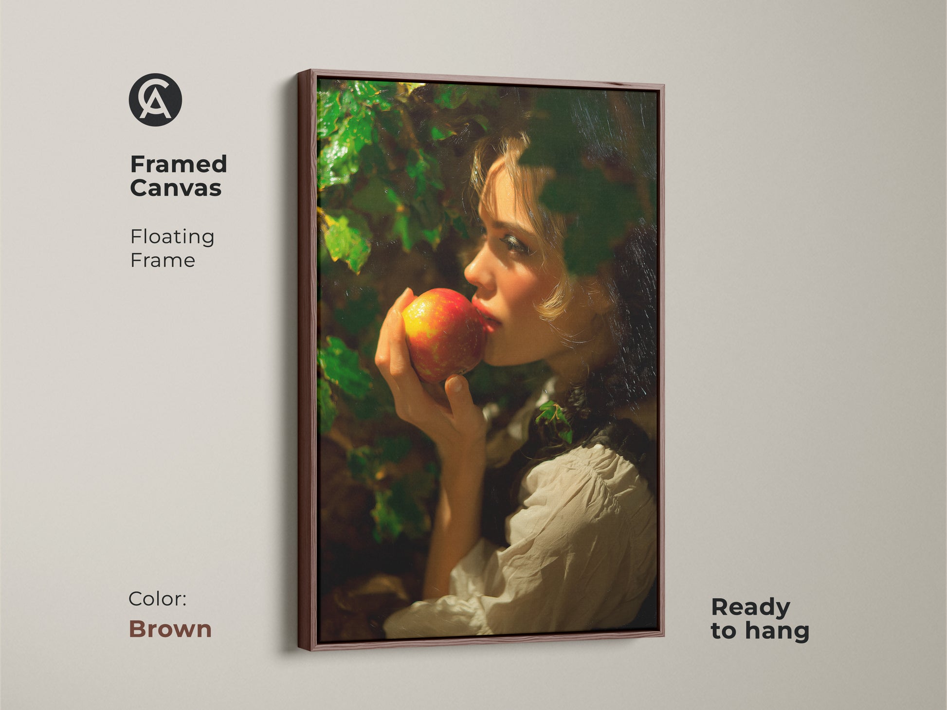 Framed canvas with a brown floating frame showcasing a classical realism artwork of a woman with an apple. Ready to hang this traditional fine art print adds a vintage touch. The red gold colors enhance your decor.