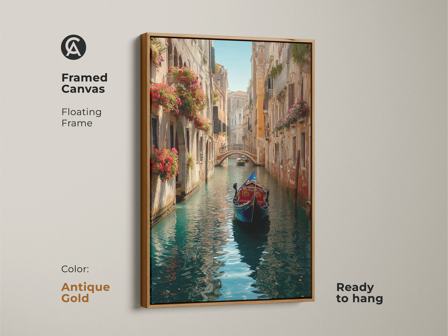 Bring a touch of Venice to your walls with this framed canvas. A gondola is shown on a canal lined with old buildings. Red flowers cascade from window boxes adding color. The antique gold floating frame adds vintage charm. Ready to hang instantly.