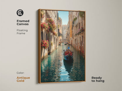 Bring a touch of Venice to your walls with this framed canvas. A gondola is shown on a canal lined with old buildings. Red flowers cascade from window boxes adding color. The antique gold floating frame adds vintage charm. Ready to hang instantly.