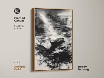 Framed canvas featuring an antique gold frame showcasing an abstract seascape with a solitary boat. This monochrome artwork is ready to hang. The floating frame enhances this modern minimalist wall decor. The black and white ocean art adds a touch of sophistication. It's a great gift for art lovers.