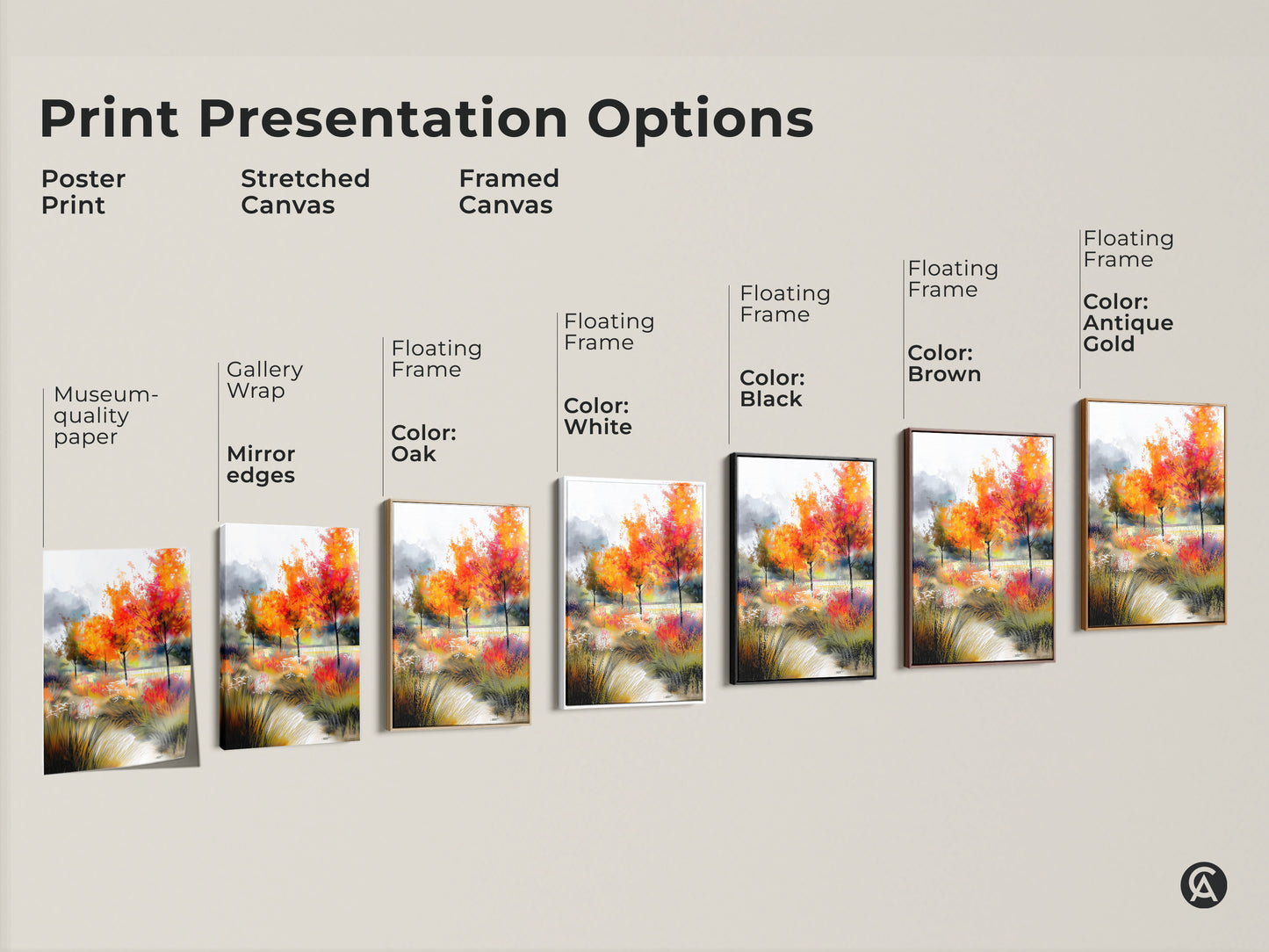 Explore our print presentation options. Choose from poster prints stretched canvases and framed canvases. Each option showcases the beautiful autumn trees landscape. Select your preferred style and enhance your living space with our high-quality art prints.
