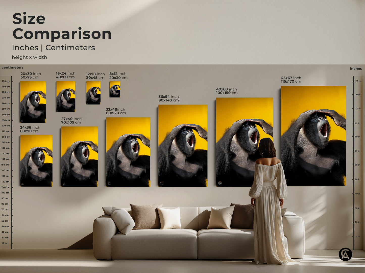 Size comparison of photorealistic gorilla art. See how the print looks in various sizes above a couch. Available as canvas or poster. Find the perfect fit for your eclectic animal decor.