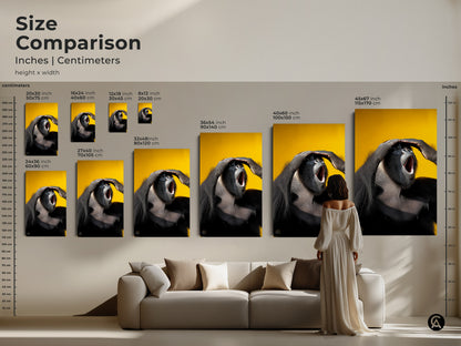 Size comparison of photorealistic gorilla art. See how the print looks in various sizes above a couch. Available as canvas or poster. Find the perfect fit for your eclectic animal decor.