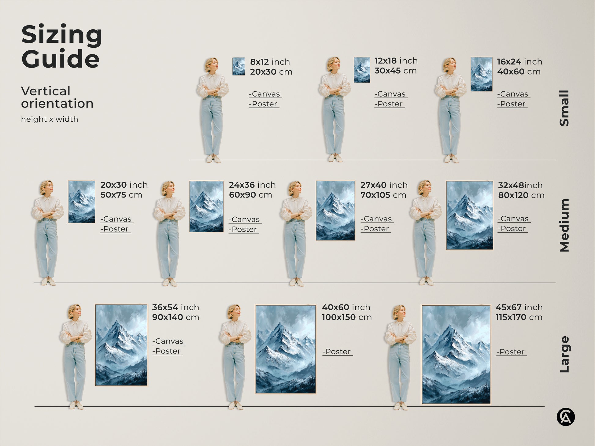 Sizing guide for mountain art prints. This shows the artwork in different sizes with a person for scale. Find the perfect framed canvas or poster for your home today. Available in different sizes