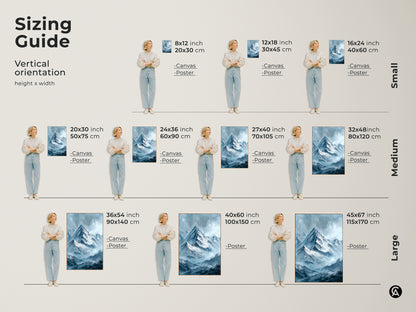 Sizing guide for mountain art prints. This shows the artwork in different sizes with a person for scale. Find the perfect framed canvas or poster for your home today. Available in different sizes