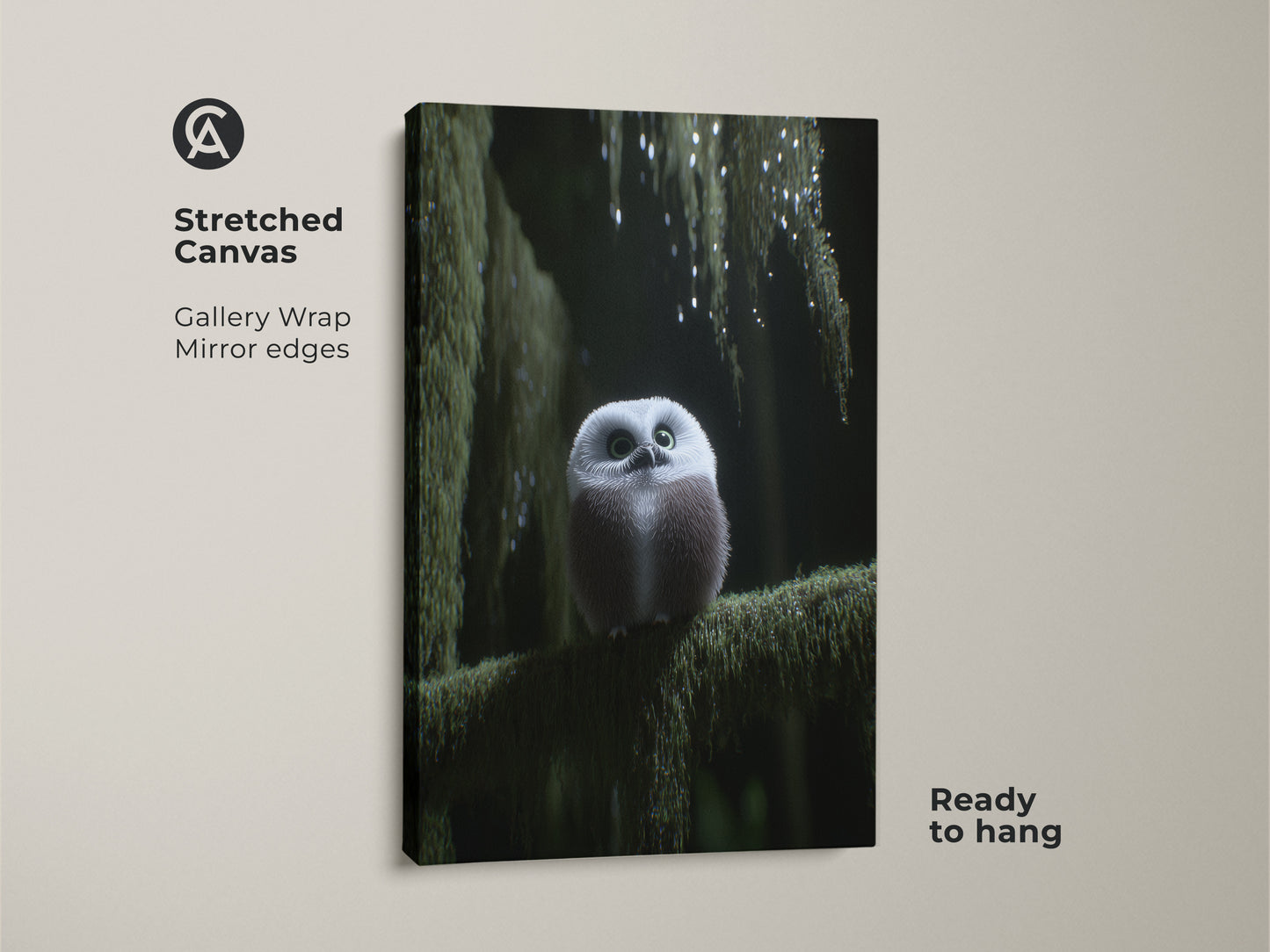 Stretched canvas of a cute forest owl art print with gallery wrap. The mirror edges enhance the depth of this woodland nursery decor. Ready to hang this baby owl art will bring nature's charm to your home. A perfect nature lover gift idea and cozy bedroom art