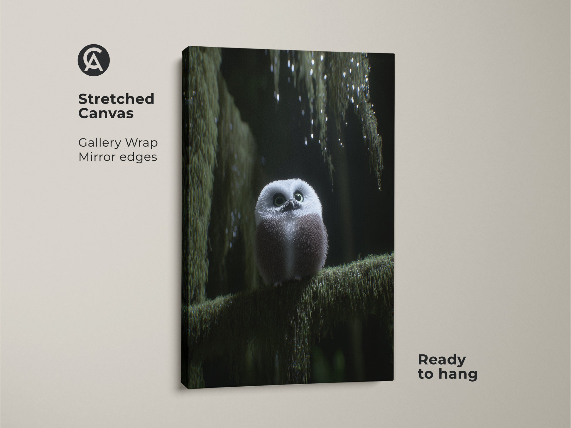 Stretched canvas of a cute forest owl art print with gallery wrap. The mirror edges enhance the depth of this woodland nursery decor. Ready to hang this baby owl art will bring nature's charm to your home. A perfect nature lover gift idea and cozy bedroom art