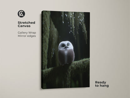 Stretched canvas of a cute forest owl art print with gallery wrap. The mirror edges enhance the depth of this woodland nursery decor. Ready to hang this baby owl art will bring nature's charm to your home. A perfect nature lover gift idea and cozy bedroom art