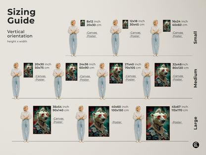 This sizing guide shows a polar bear punk rocker art piece. The vertical art is available in canvas or poster print. The navy red teal artwork has an eclectic style. This is unique animal themed art.