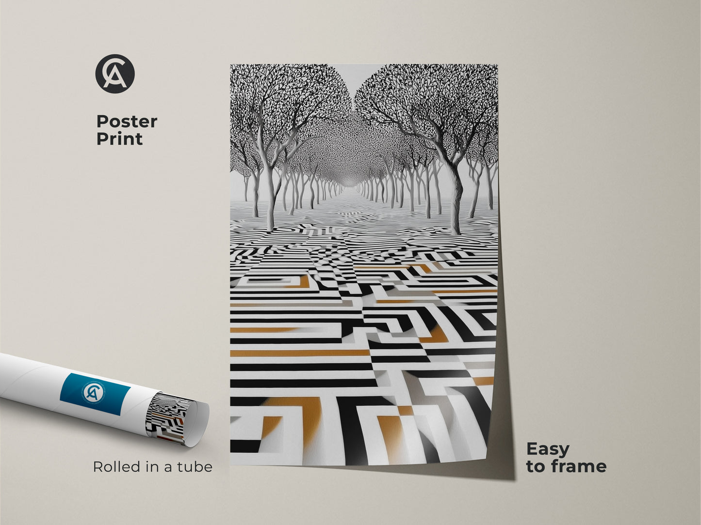 Poster print displays an abstract surreal landscape with stylized trees and a geometric maze pattern. Rolled in a tube this monochrome artwork with gold is easy to frame. A unique housewarming gift for design enthusiasts.