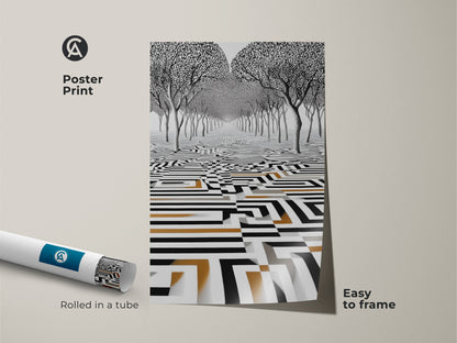 Poster print displays an abstract surreal landscape with stylized trees and a geometric maze pattern. Rolled in a tube this monochrome artwork with gold is easy to frame. A unique housewarming gift for design enthusiasts.