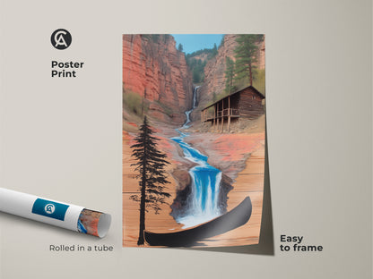 Poster Print of Rustic Cabin with Waterfall. Easy to frame and rolled in a tube for shipping. This scenic mountain waterfall decor is perfect for nature lovers. The art shows a cabin and canoe.
