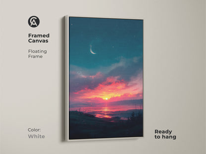 Brighten your walls with this framed sunset canvas. The white floating frame offers a clean and modern look. Ready to hang this piece and enjoy the vibrant colors. Experience the tranquility of the sunset landscape in your home. Perfect wall decor for any space.
