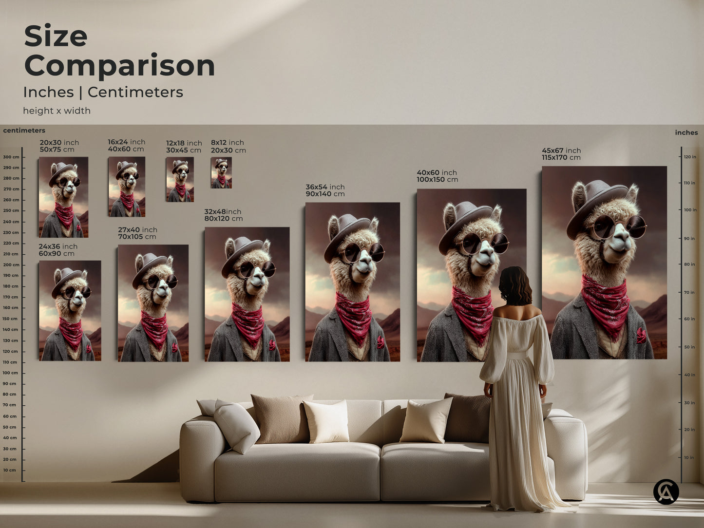 Size comparison chart for Dapper Alpaca canvas and poster art. See how different sizes look above a couch and with a person. This art features an Alpaca with a cowboy hat sunglasses and a red bandana. It's ideal eclectic decor.