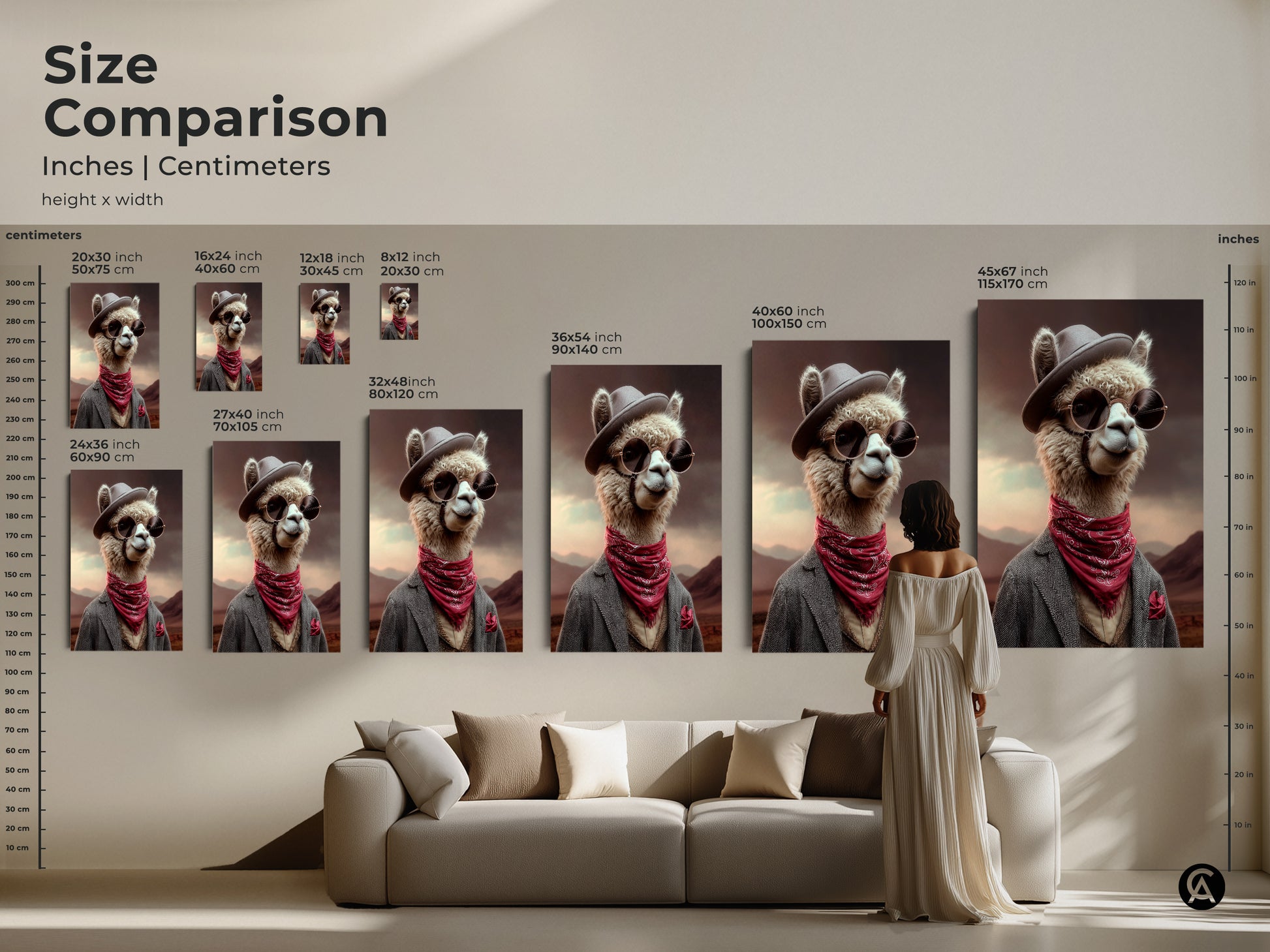 Size comparison chart for Dapper Alpaca canvas and poster art. See how different sizes look above a couch and with a person. This art features an Alpaca with a cowboy hat sunglasses and a red bandana. It's ideal eclectic decor.