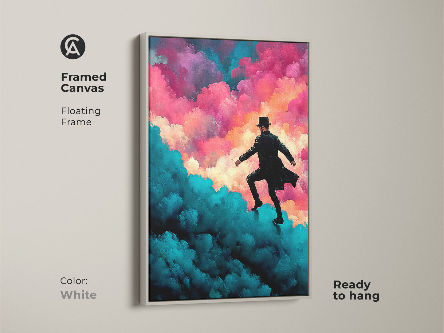 A framed canvas with surreal art. It presents a man in a hat climbing expressive clouds. The art is a color palette of teal magenta and pink. It is ready to hang. The frame is white. This artwork is ideal as dreamer bedroom decor.