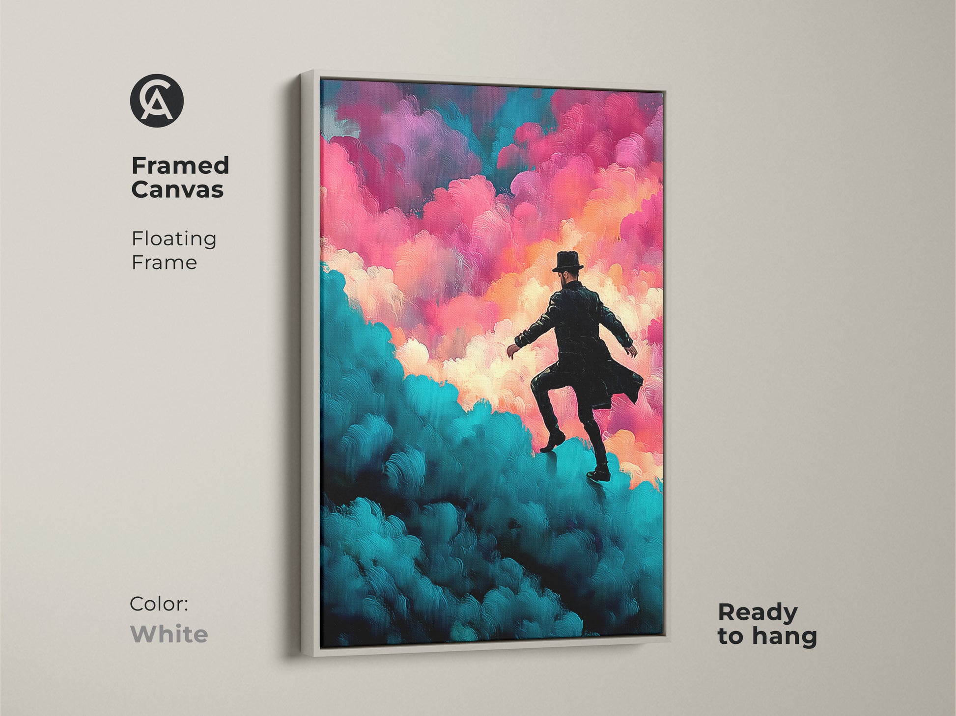 A framed canvas with surreal art. It presents a man in a hat climbing expressive clouds. The art is a color palette of teal magenta and pink. It is ready to hang. The frame is white. This artwork is ideal as dreamer bedroom decor.
