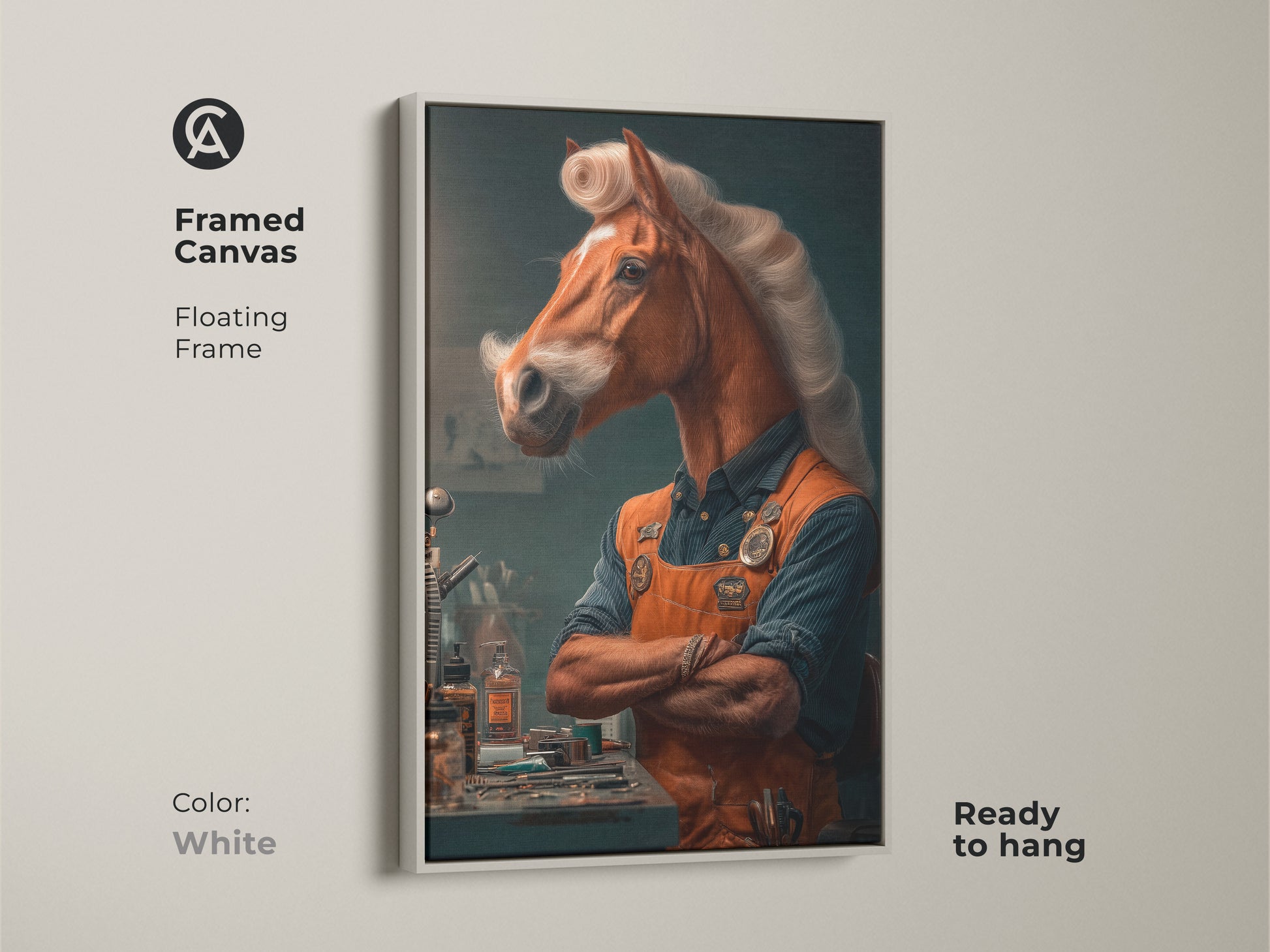 Framed canvas showcases a surreal horseman art print with a white floating frame. This unique office wall art brings an eclectic and imaginative touch to any room. A thoughtful gift for horse lovers looking for modern decor.