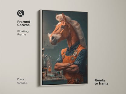 Framed canvas showcases a surreal horseman art print with a white floating frame. This unique office wall art brings an eclectic and imaginative touch to any room. A thoughtful gift for horse lovers looking for modern decor.