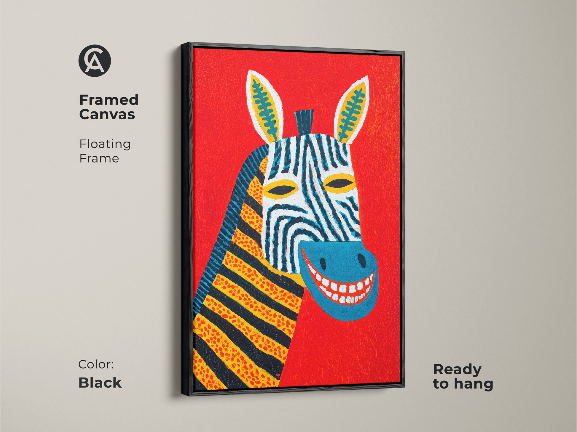 A framed canvas featuring abstract zebra artwork. This folk art animal print has a black floating frame adding sophistication. Ready to hang it enhances any room. It's a unique wildlife artwork gift with its vibrant colors.