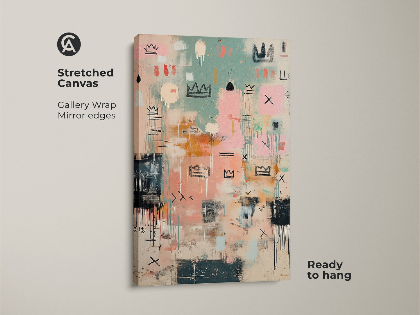 Stretched canvas artwork with abstract crown art. Gallery wrapped with mirrored edges this piece is ready to hang. The artwork features a mix of pastel and dark tones. The crown paintings are ideal for modern interiors.