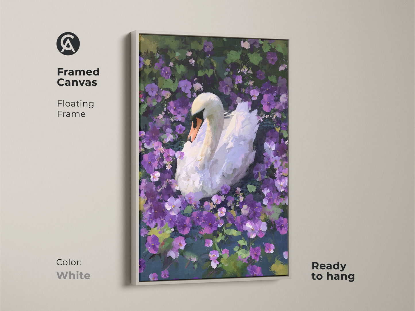 A framed canvas displays a white swan among purple flowers. This painterly animal artwork is set in a white floating frame. The elegant art print enhances any space. It is a thoughtful gift for nature lovers. The framed canvas is ready to hang.