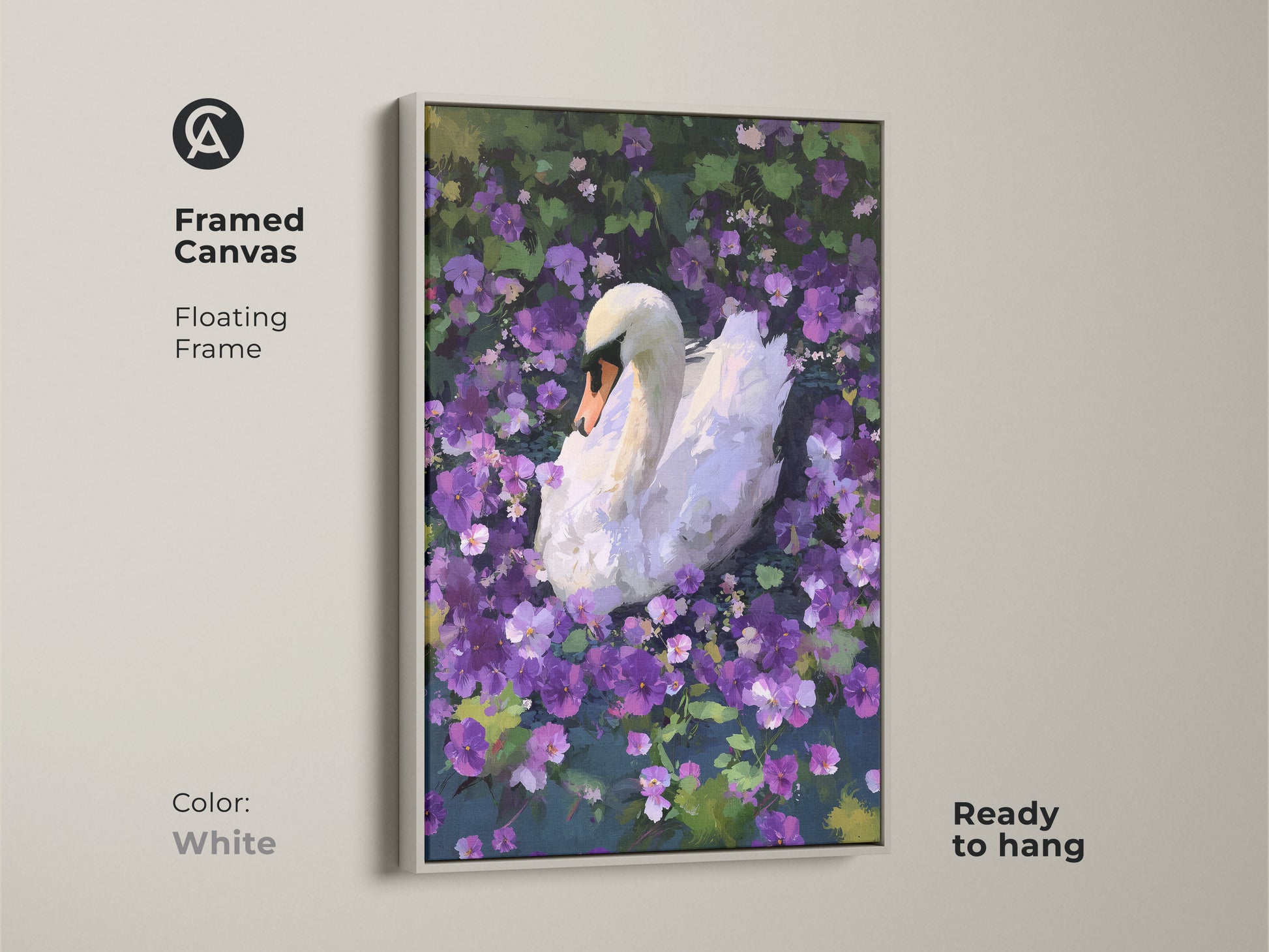 A framed canvas displays a white swan among purple flowers. This painterly animal artwork is set in a white floating frame. The elegant art print enhances any space. It is a thoughtful gift for nature lovers. The framed canvas is ready to hang.