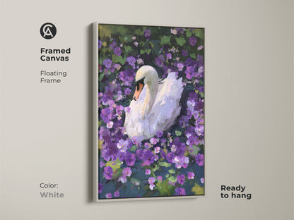 A framed canvas displays a white swan among purple flowers. This painterly animal artwork is set in a white floating frame. The elegant art print enhances any space. It is a thoughtful gift for nature lovers. The framed canvas is ready to hang.