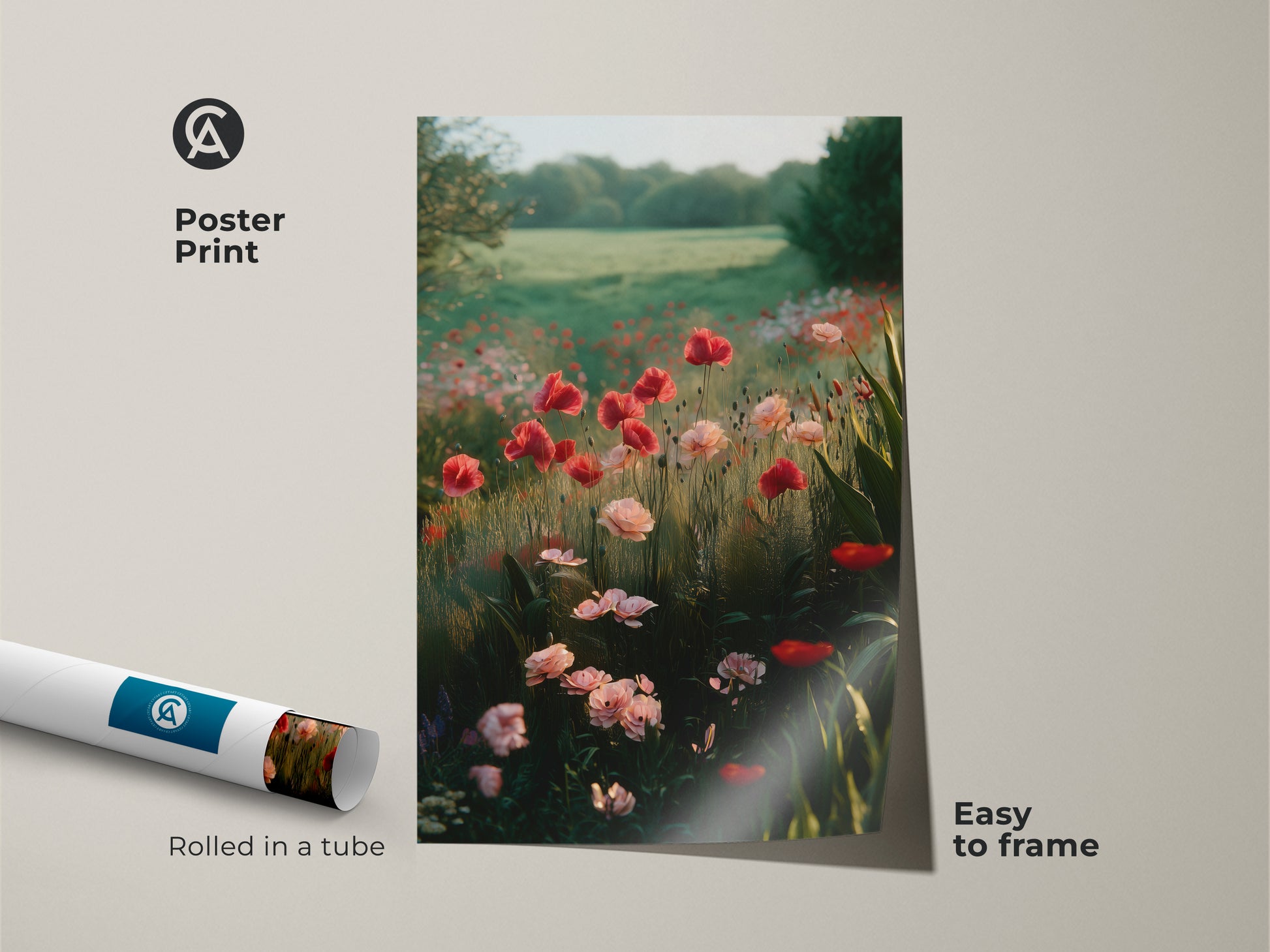 Poster print of a romantic poppy field rolled in a tube. This impressionistic nature landscape is easy to frame. It is a beautiful garden floral print that enhances boho bedroom decor. A great housewarming gift idea.