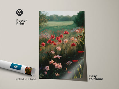 Poster print of a romantic poppy field rolled in a tube. This impressionistic nature landscape is easy to frame. It is a beautiful garden floral print that enhances boho bedroom decor. A great housewarming gift idea.