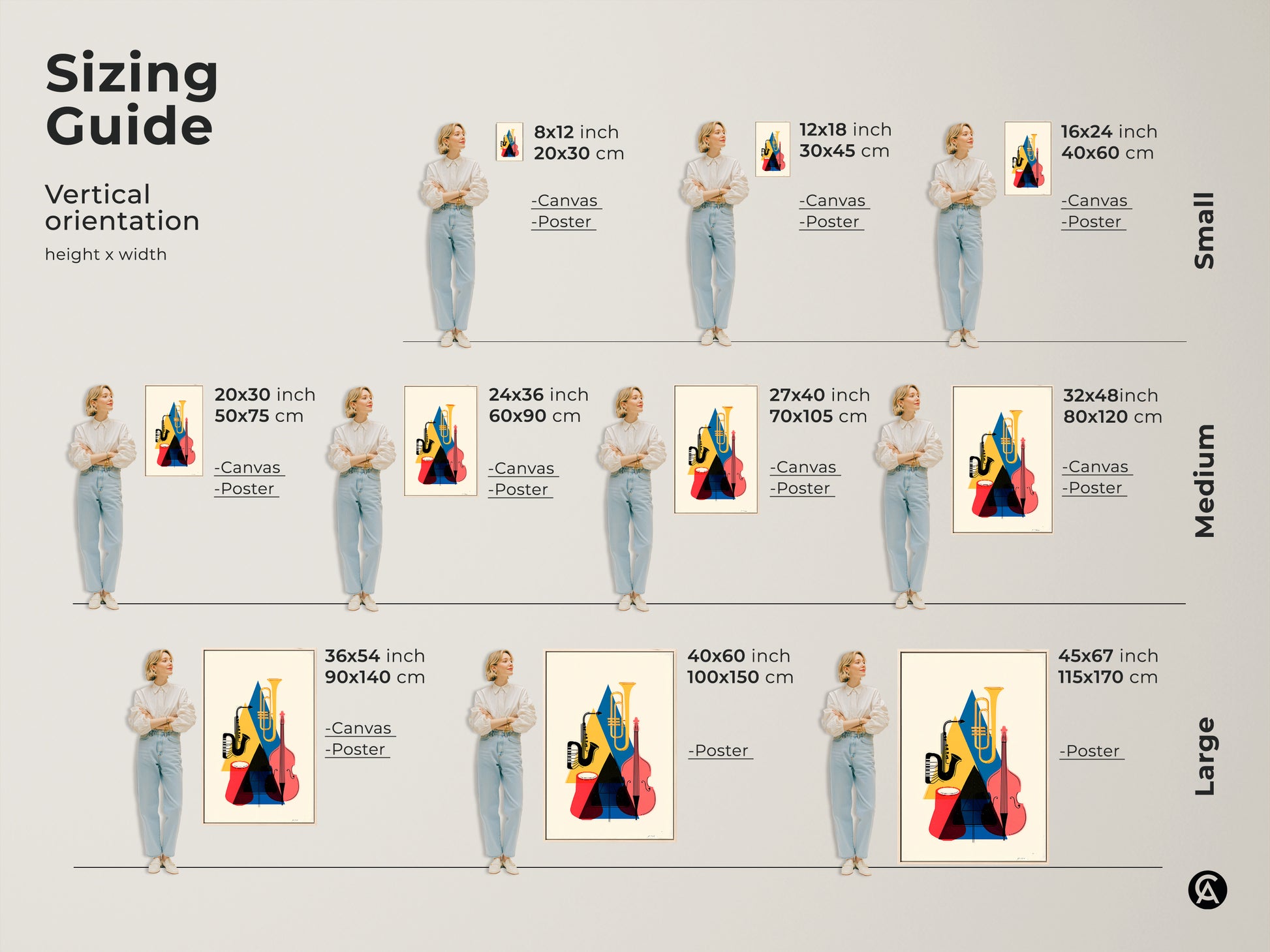 Sizing guide for vertical abstract geometric music art prints. Sizes range from small to large in canvas and poster options. The art features a saxophone tuba and double bass in yellow blue and red. This mid-century modern wall art is perfect for any room. Choose the ideal size for your space.