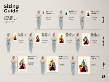 Sizing guide for vertical abstract geometric music art prints. Sizes range from small to large in canvas and poster options. The art features a saxophone tuba and double bass in yellow blue and red. This mid-century modern wall art is perfect for any room. Choose the ideal size for your space.