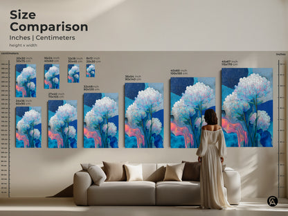 Sizing guide for the botanical abstract art print. Vertical orientation canvas and poster options are shown in small medium and large sizes. Dimensions in inches and centimeters are displayed. The teal pink floral canvas wall art is perfect for any space.
