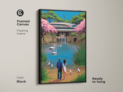 This framed canvas presents a couple watching swans by a modern lake house. The surreal pop art style mixes blue green pink hues. This piece is ready to hang adding romantic eclectic wall art. It is an ideal anniversary gift for any couple.