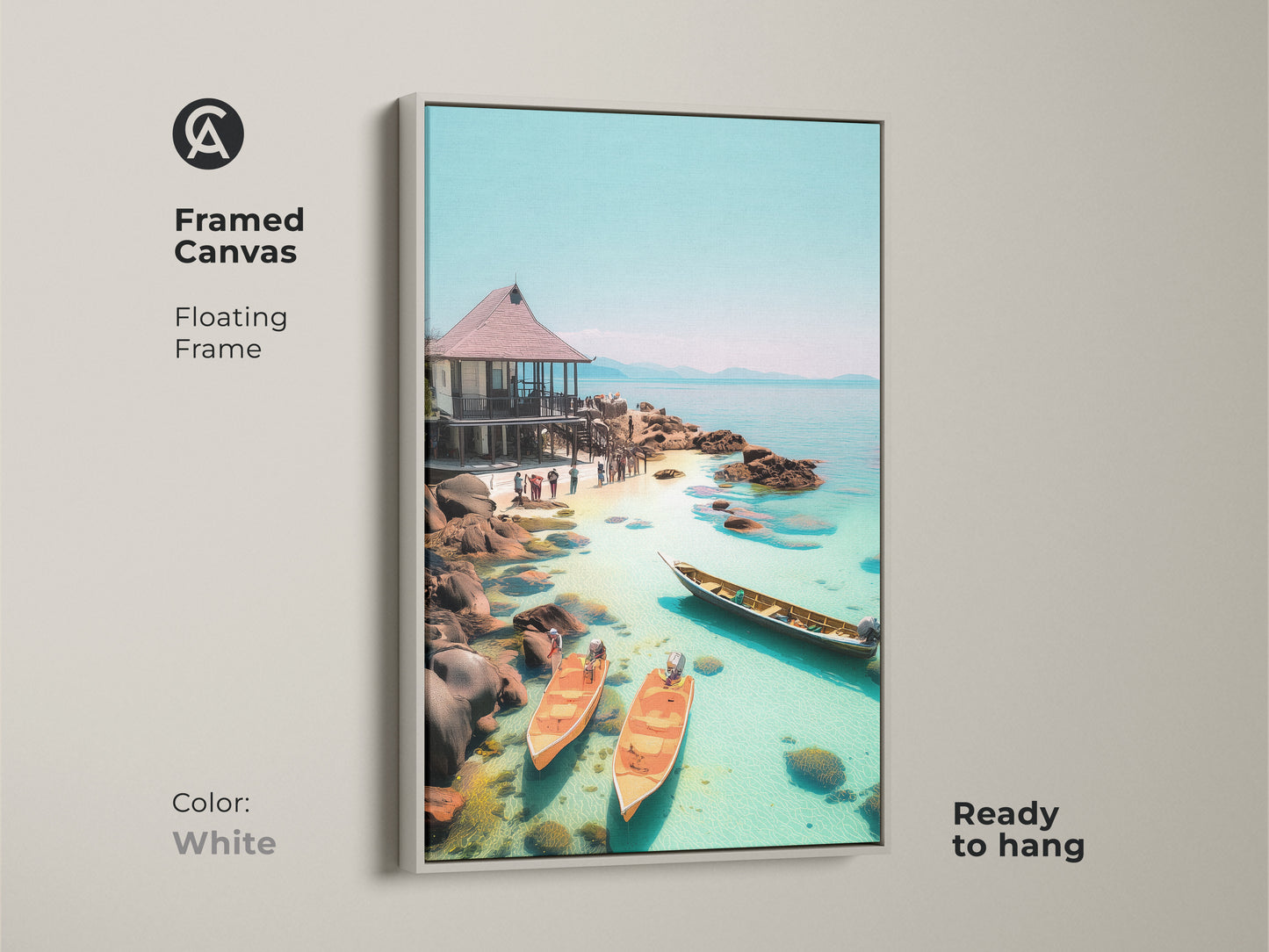 White framed canvas art showcasing a tropical beach scene. Coastal ocean artwork with an aqua blue landscape featuring a seaside hut and boats. Ready to hang this print brings coastal serenity to your space. Perfect for travel lovers and enhancing beach house decor.