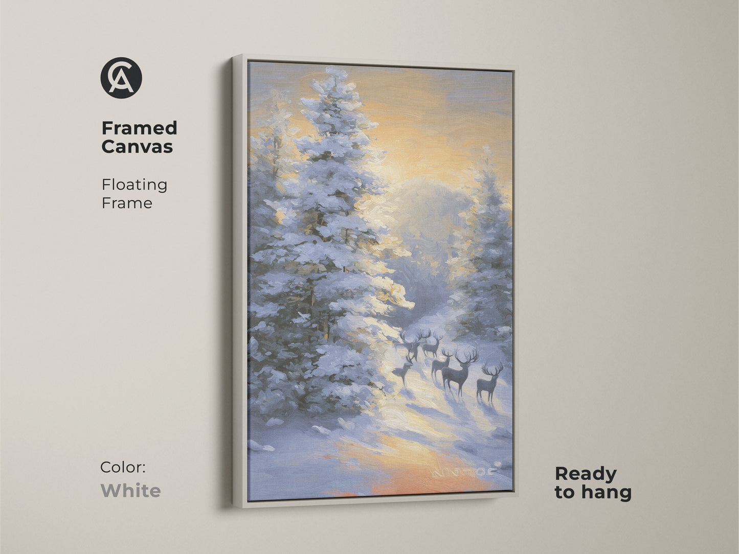 Framed canvas featuring deer in a snowy forest. The floating frame is white and ready to hang. This rustic winter wildlife wall art is an impressionistic landscape painting. It is perfect rustic farmhouse art. The artwork features a blue and orange sky