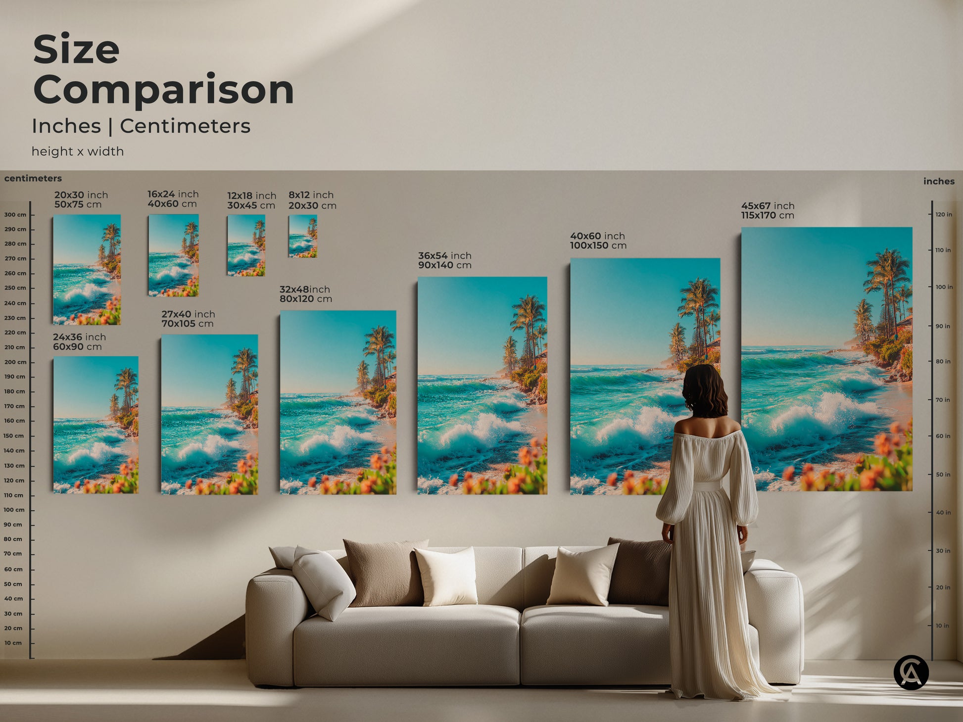 Size comparison of tropical beach artwork in inches and centimeters. Visualize art from 8x12 to 45x67 inches. See how each canvas or poster size fits above a sofa. Choose the ideal coastal art for your living space.