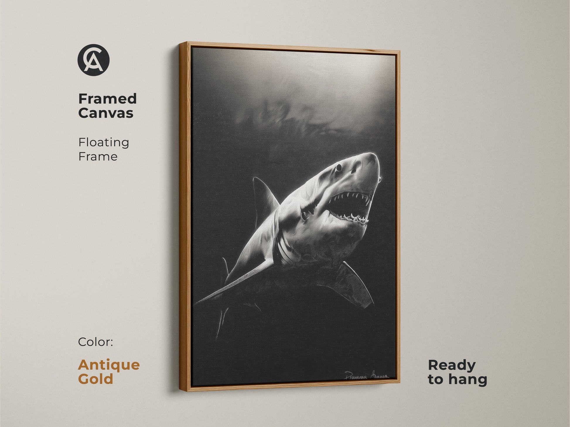 Antique gold frame enhances this monochrome Great White Shark canvas. Ready to hang this floating framed canvas adds sophistication to any room. Contemporary animal artwork is perfect for ocean wildlife enthusiasts. This powerful animal art print captures underwater beauty.